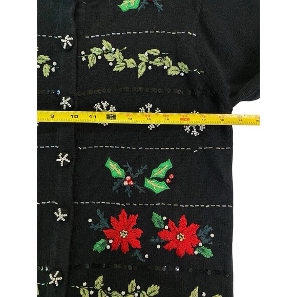 VTG Christmas Cardigan Sweater Medium Jason Maxwell Beaded Snowflakes Poinsettia - Picture 5 of 13